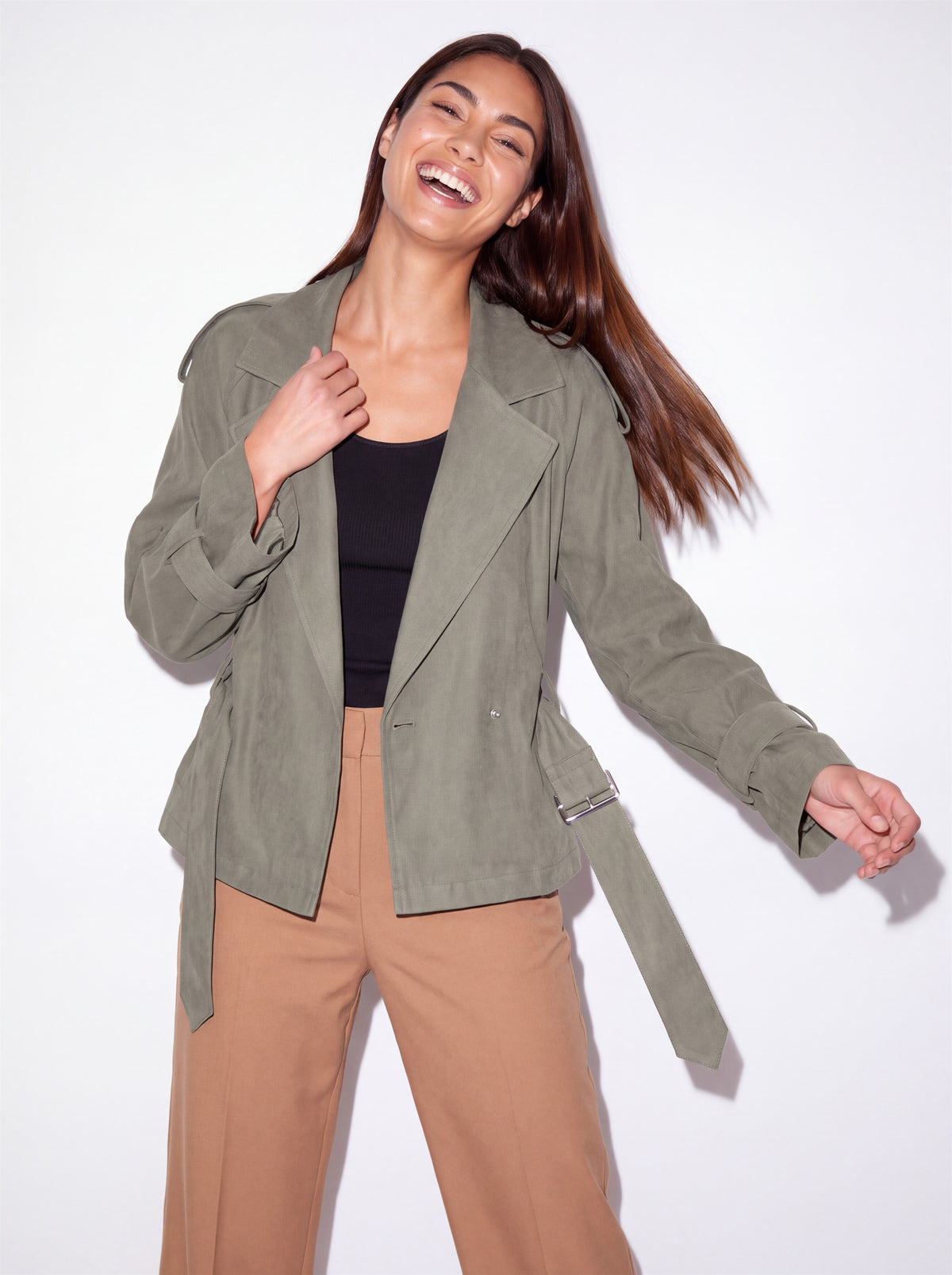 VelouraAvenue Belted Cropped Trench Coat - Moss - Lapel and Belt Detail