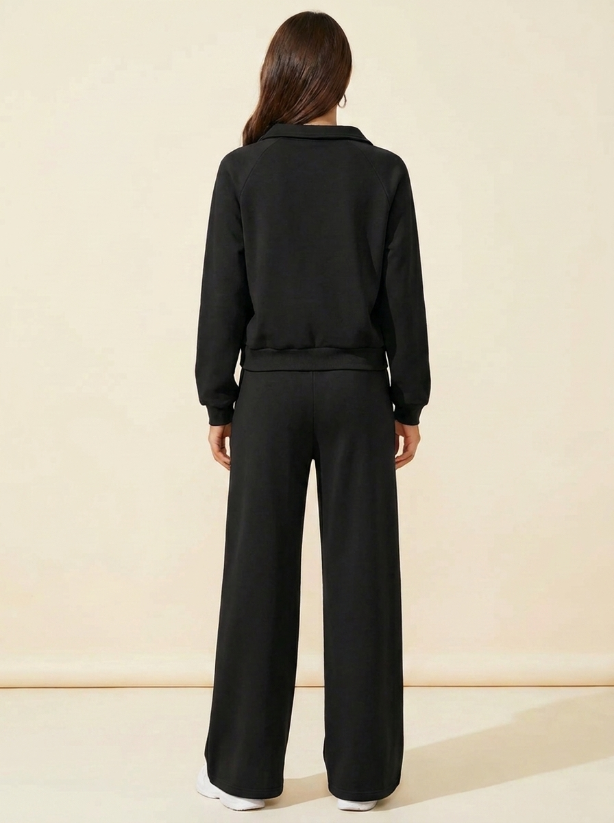 VelouraAvenue Collared Sweatshirt Set - Black - Back