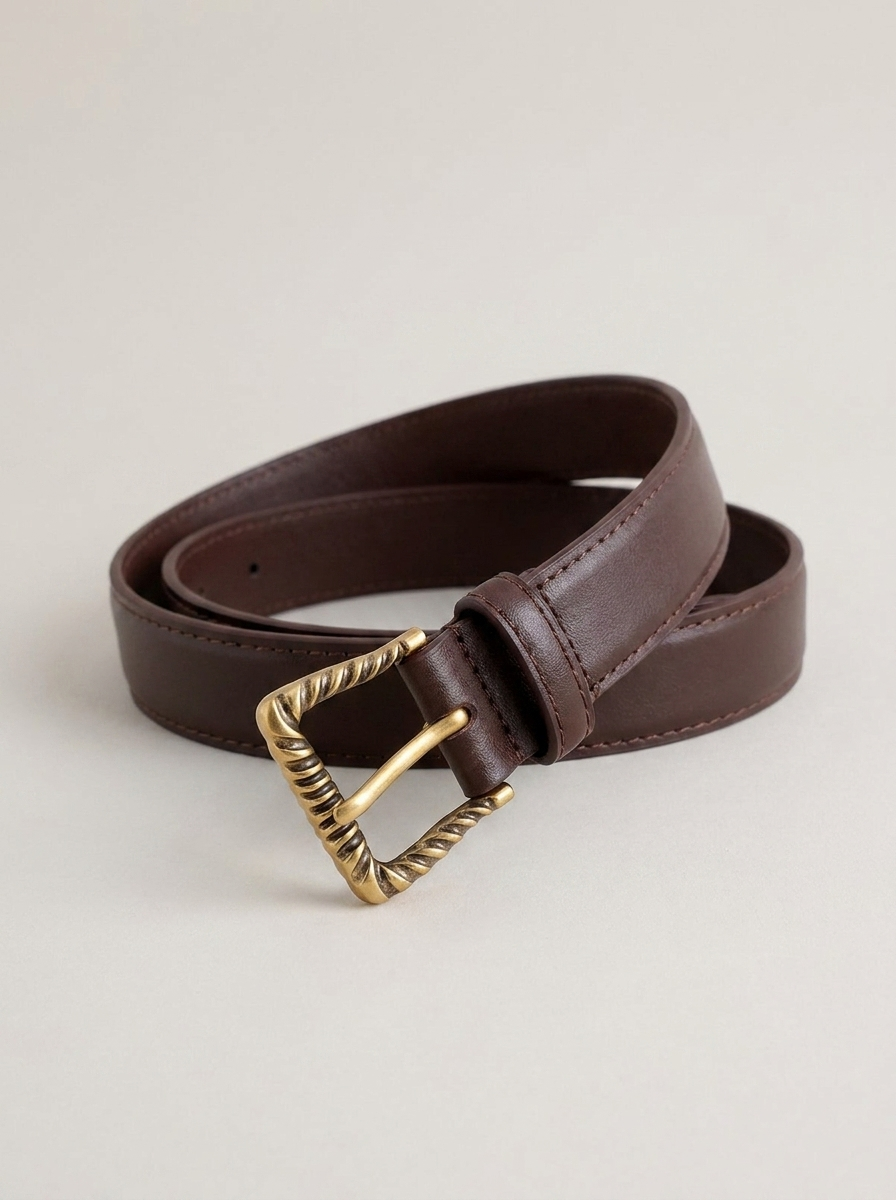 VelouraAvenue Textured Gold Buckle Belt - Coffee Brown - Image 3