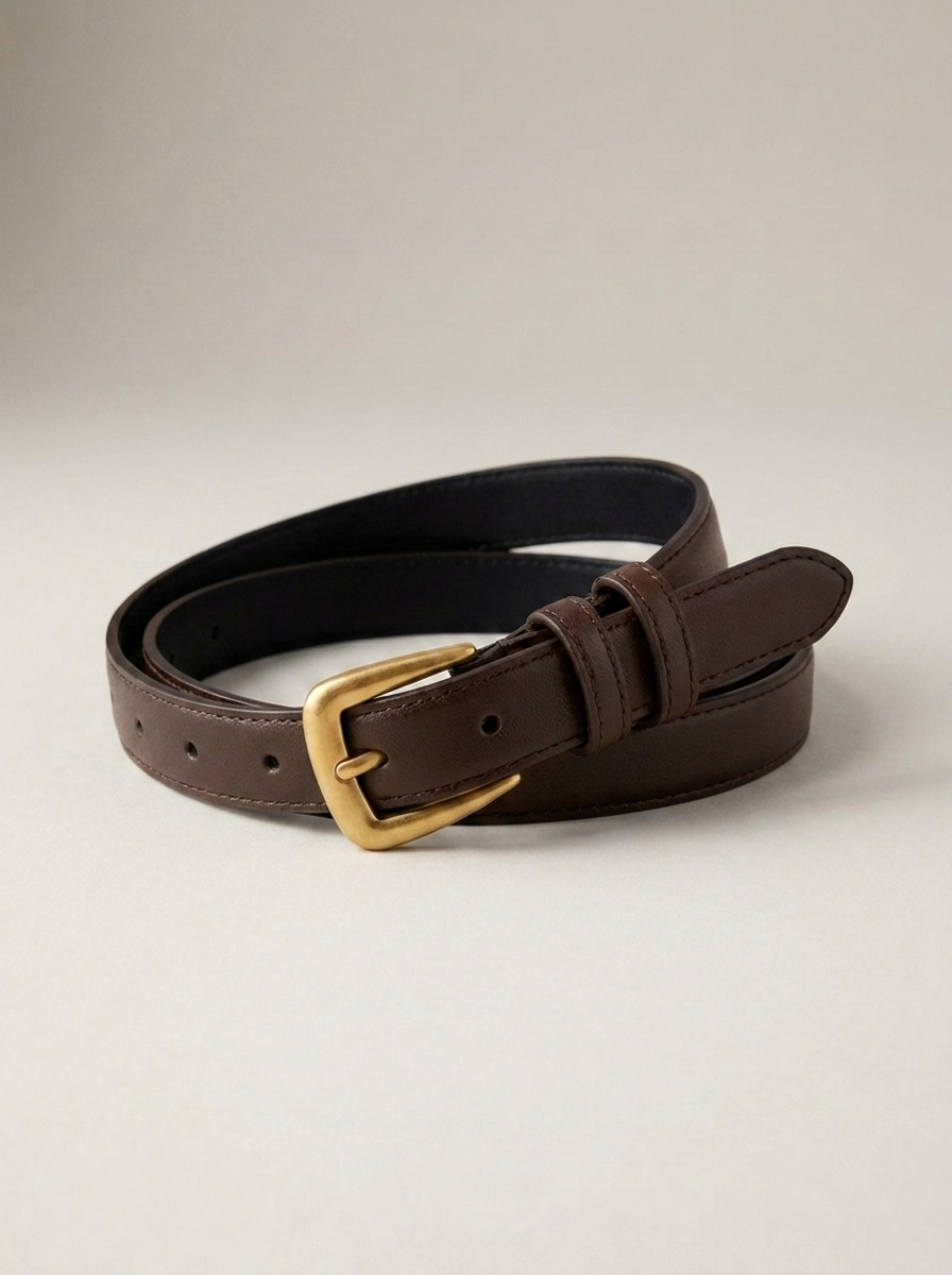 VelouraAvenue Skinny Gold Buckle Belt - Olive Brown - Image 3