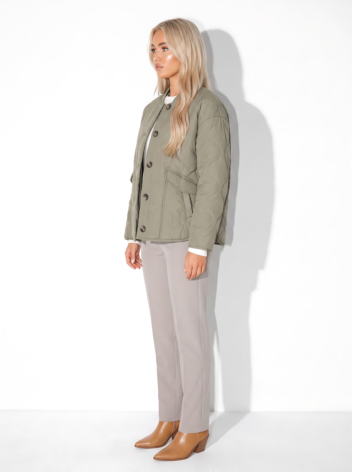 VelouraAvenue Quilted Button-Down Jacket - Moss - Side