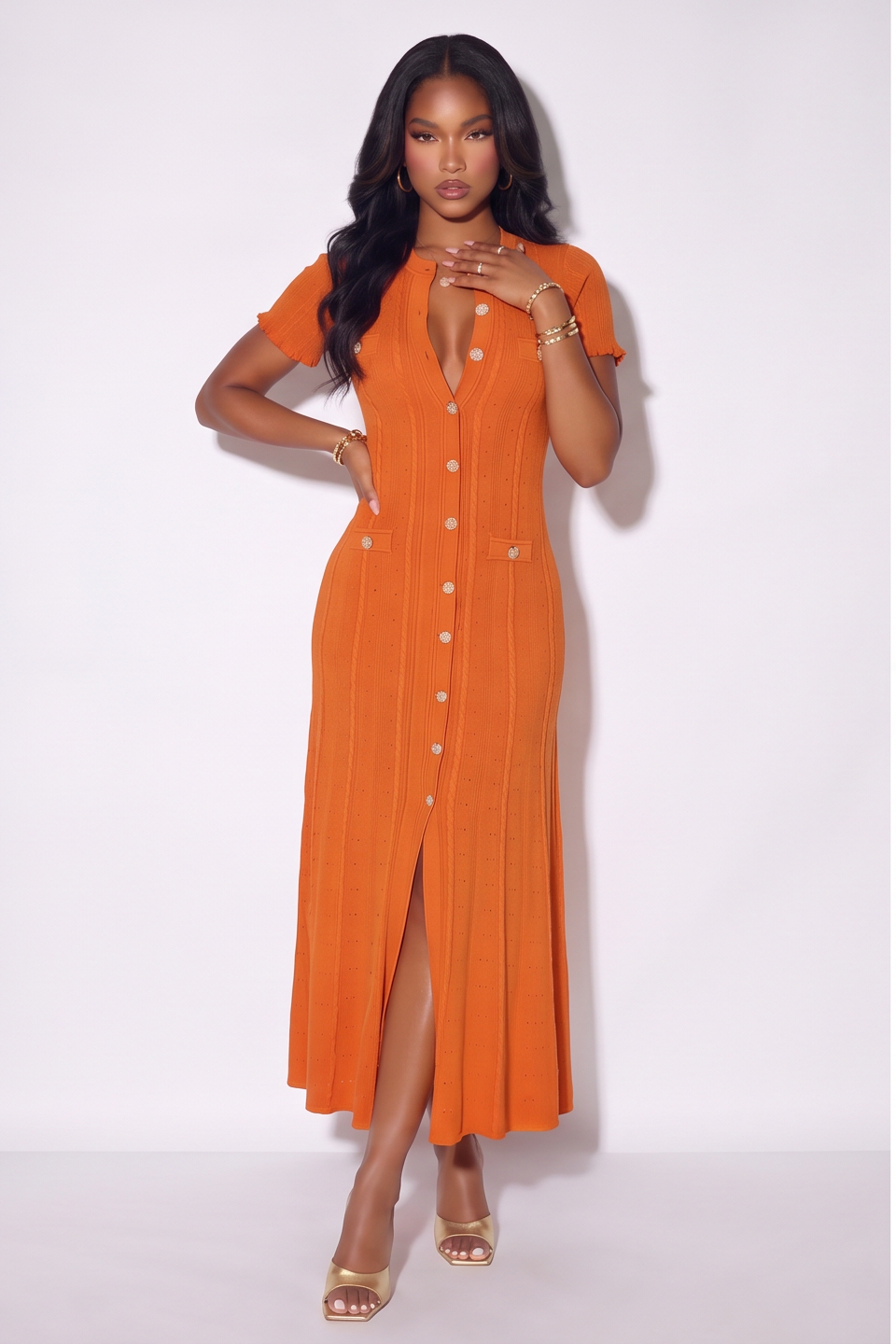 VelouraAvenue Candice Button Front Pointelle Knit Maxi Dress - Orange - Image 4
