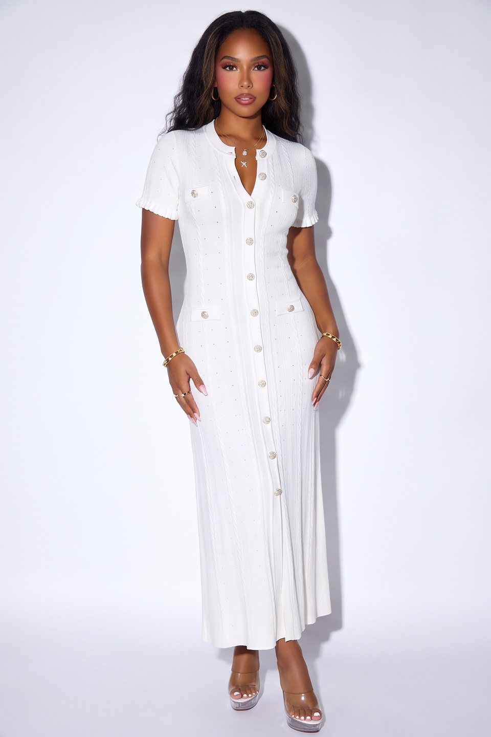 VelouraAvenue Candice Button Front Pointelle Knit Maxi Dress - White - Image 4