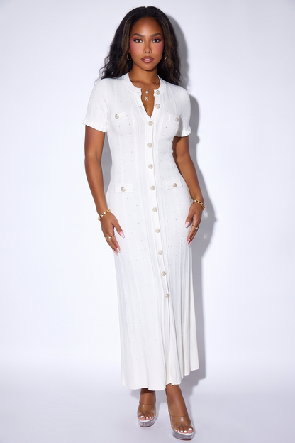 VelouraAvenue Candice Button Front Pointelle Knit Maxi Dress - White - Image 4