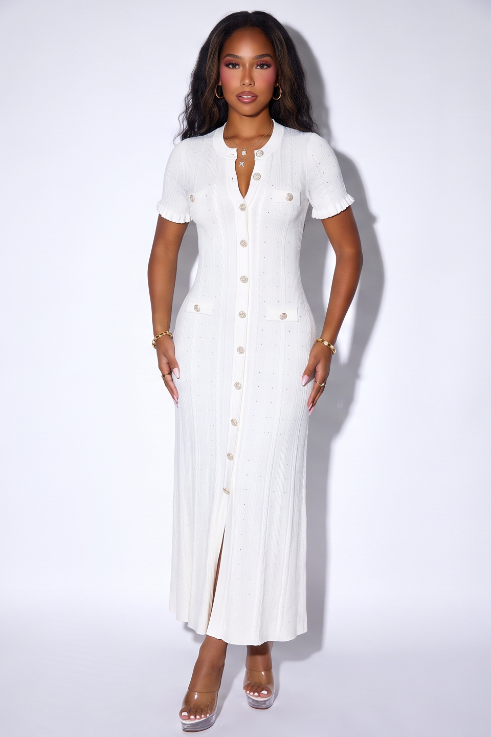 VelouraAvenue Candice Button Front Pointelle Knit Maxi Dress - White - Image 5