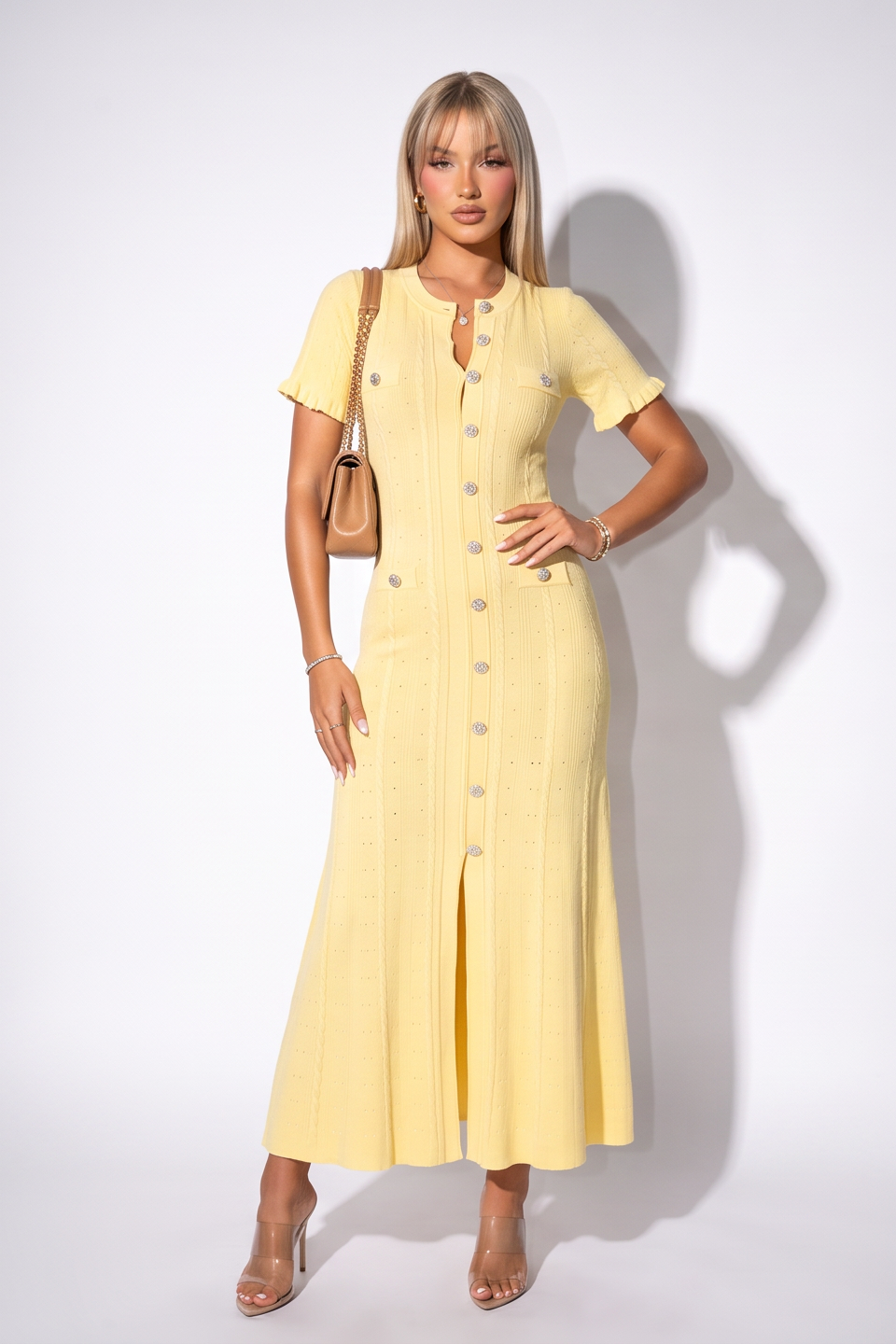 VelouraAvenue Candice Button Front Pointelle Knit Maxi Dress - Yellow - Image 4
