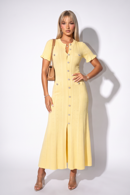 VelouraAvenue Candice Button Front Pointelle Knit Maxi Dress - Yellow - Image 4