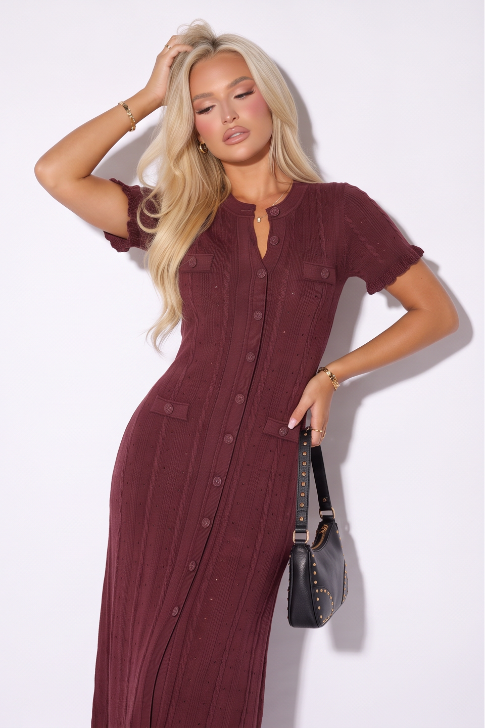 VelouraAvenue Pointelle Button Maxi Dress - Brown - Image 31