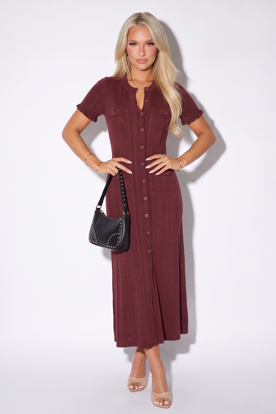 VelouraAvenue Pointelle Button Maxi Dress - Brown - Image 30
