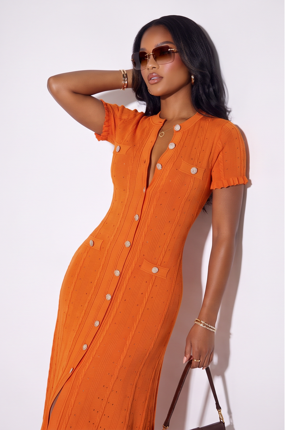 VelouraAvenue Candice Button Front Pointelle Knit Maxi Dress - Orange - Image 8