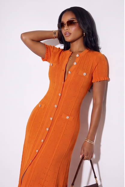 VelouraAvenue Candice Button Front Pointelle Knit Maxi Dress - Orange - Image 8