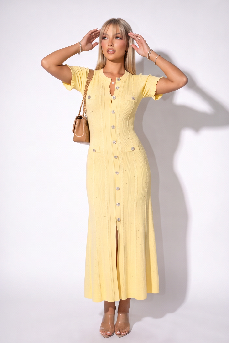 VelouraAvenue Candice Button Front Pointelle Knit Maxi Dress - Yellow - Image 1
