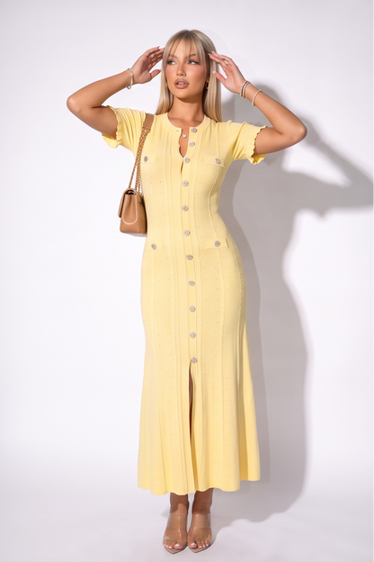 VelouraAvenue Candice Button Front Pointelle Knit Maxi Dress - Yellow - Image 1