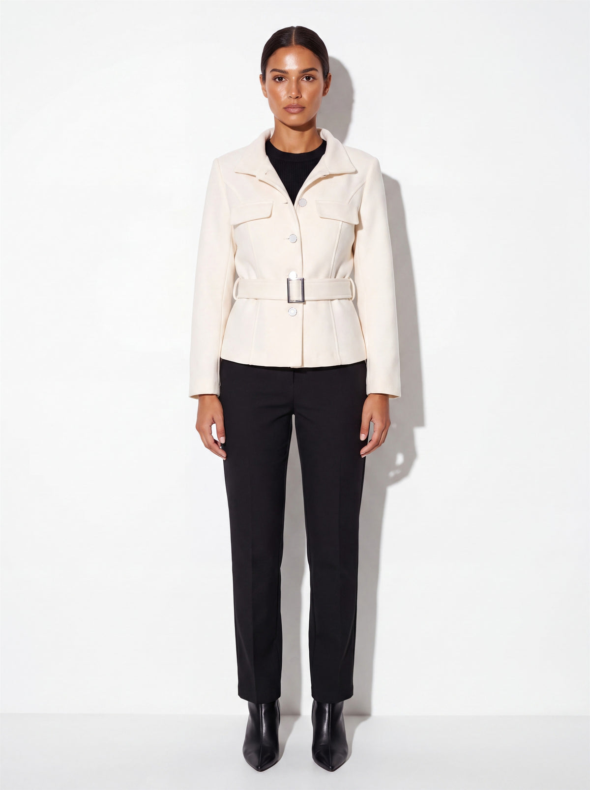 VelouraAvenue Belted Button-Up Jacket - Cream - Front