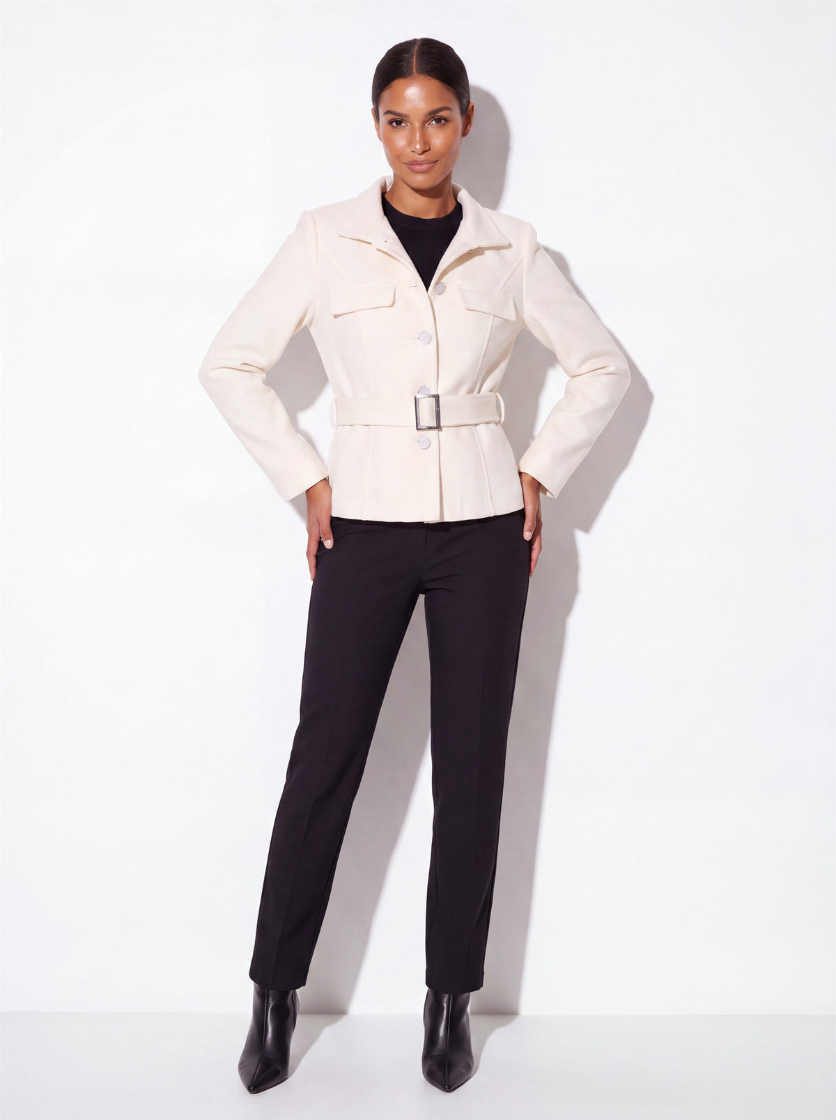 VelouraAvenue Belted Button-Up Jacket - Cream - Front Detail