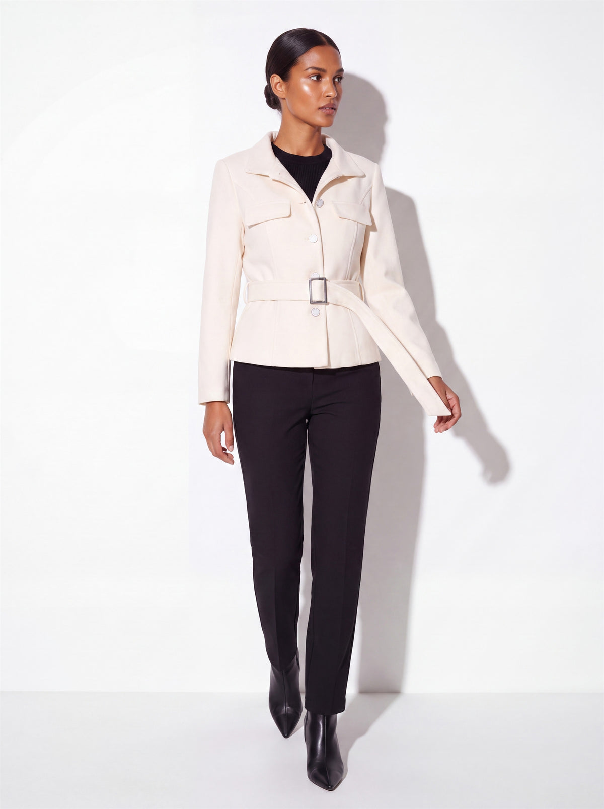 VelouraAvenue Belted Button-Up Jacket - Cream - Walking