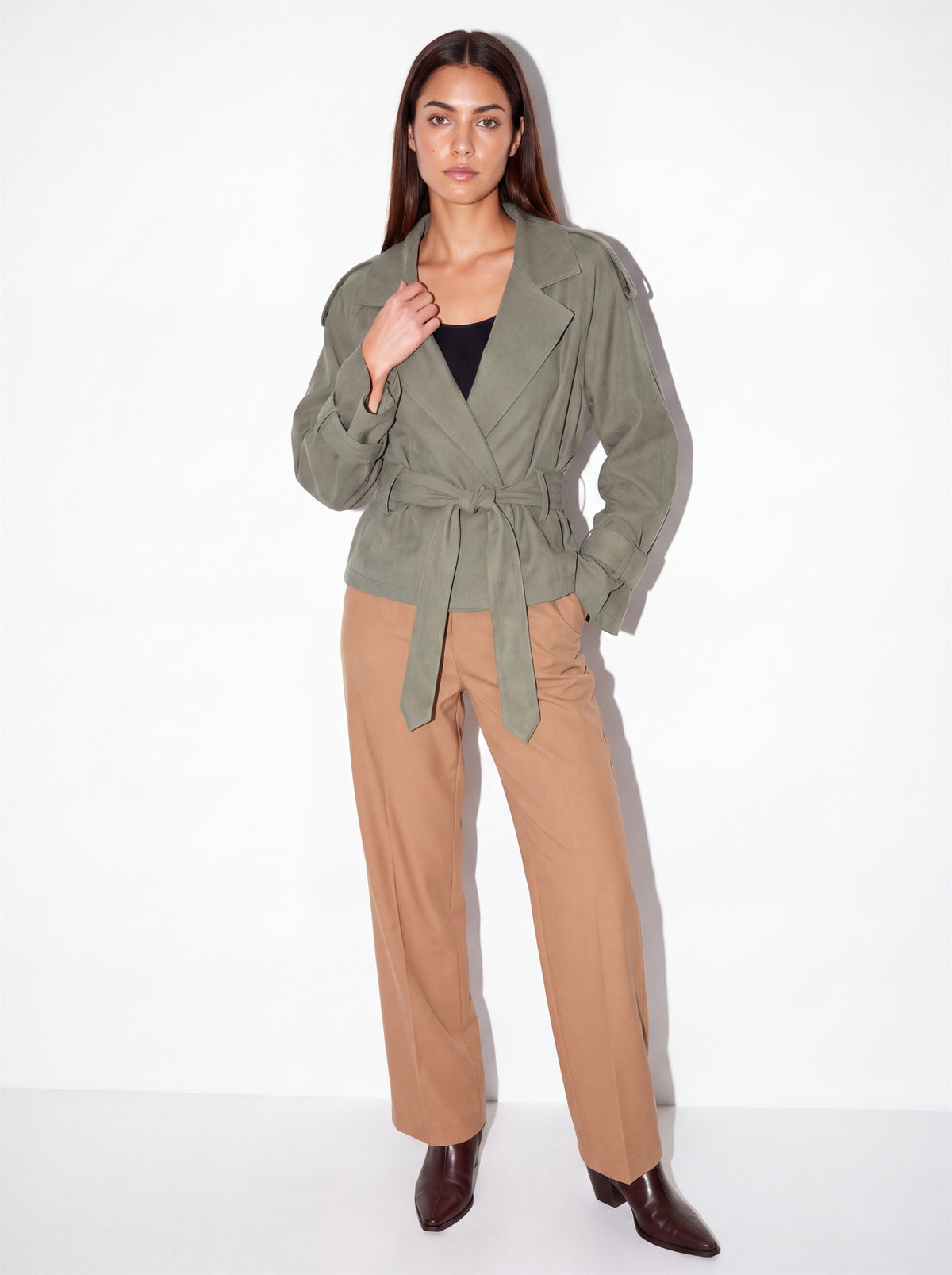 VelouraAvenue Belted Cropped Trench Coat - Moss - Front