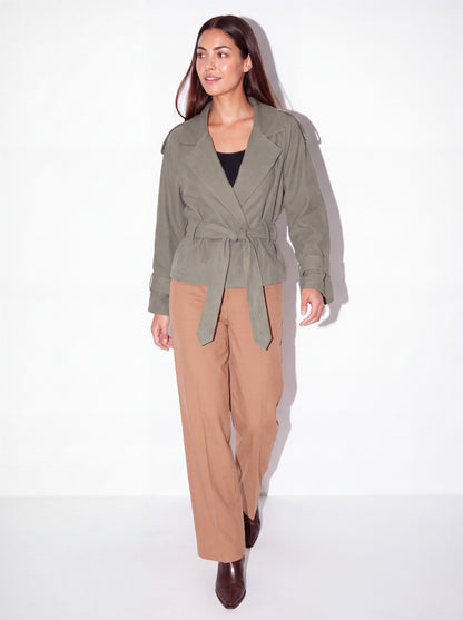 VelouraAvenue Belted Cropped Trench Coat - Moss - Front Walking