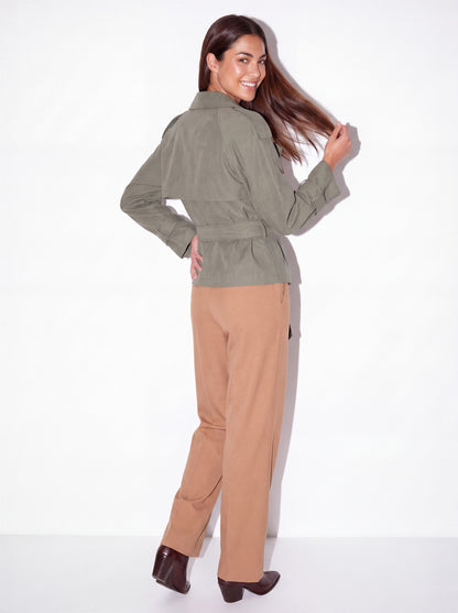 VelouraAvenue Belted Cropped Trench Coat - Moss - Back