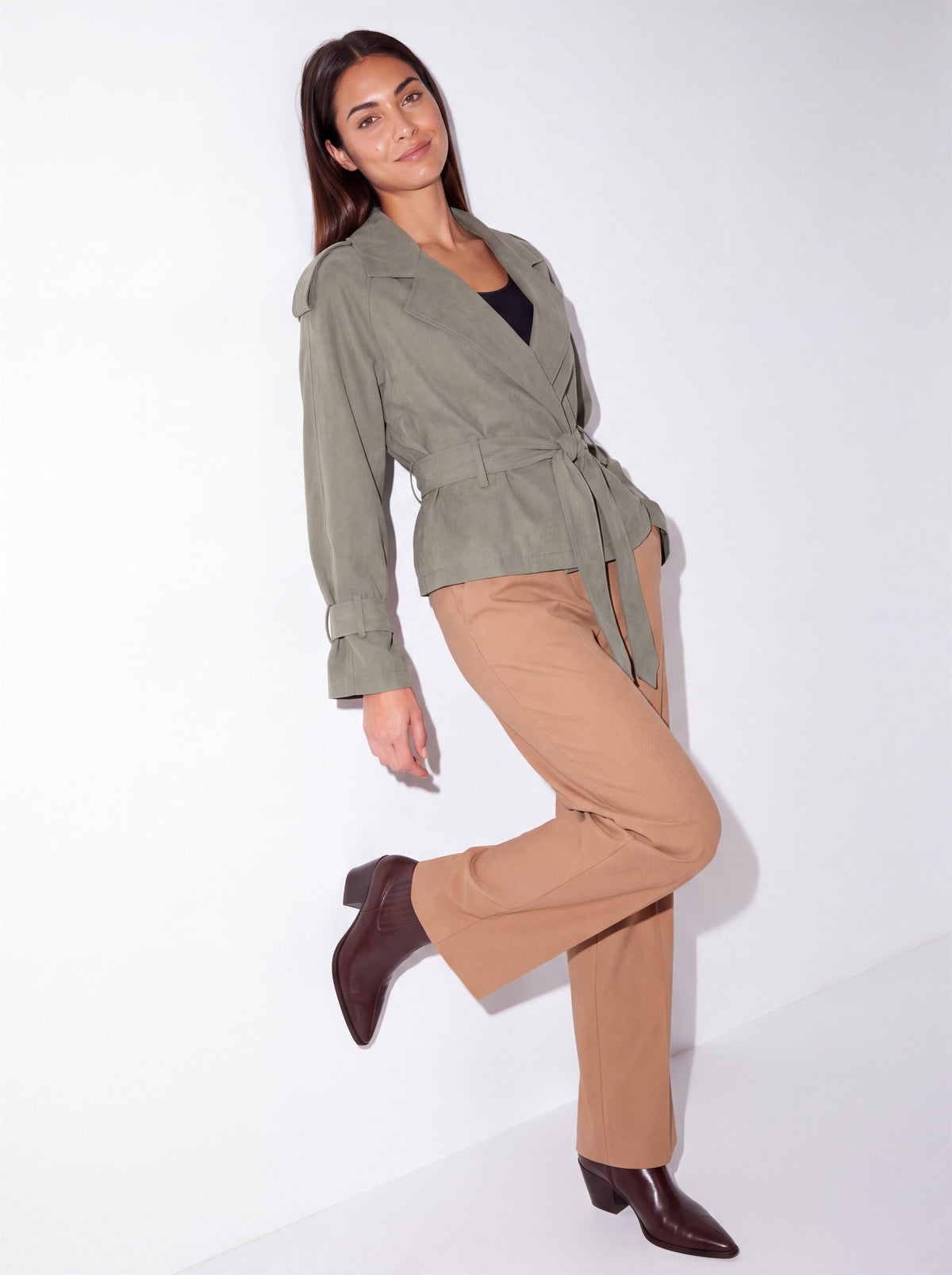 VelouraAvenue Belted Cropped Trench Coat - Moss - Side