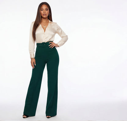 VelouraAvenue Buckle Belt Flare Pants - Hunter green - Image 1