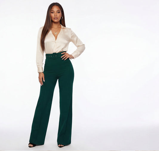 VelouraAvenue Buckle Belt Flare Pants - Hunter green - Image 1