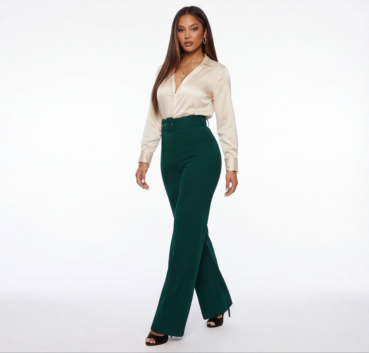 VelouraAvenue Buckle Belt Flare Pants - Hunter green - Image 2