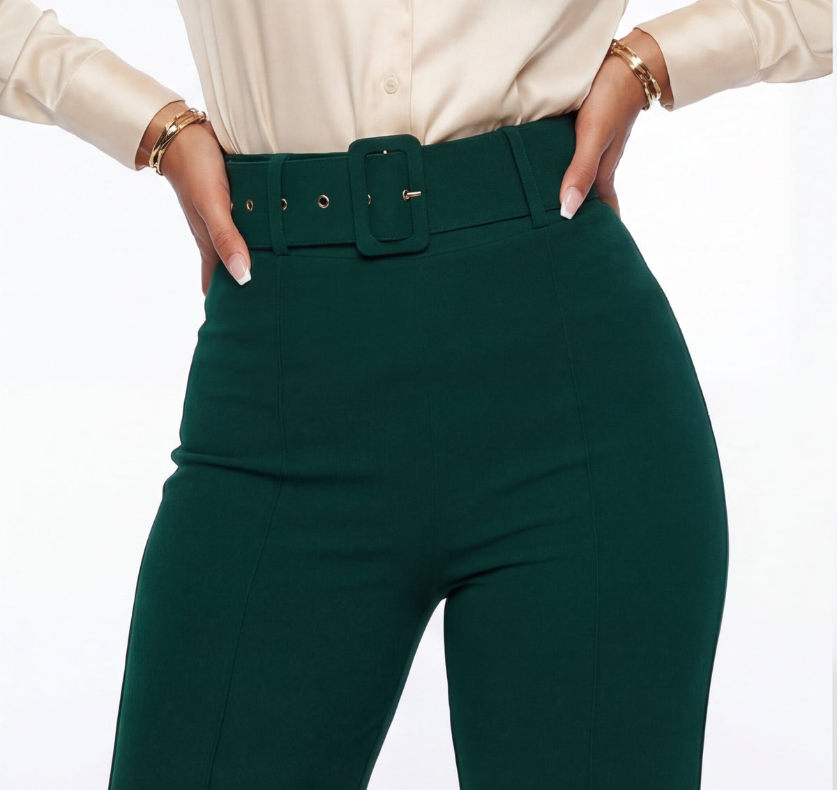 VelouraAvenue Buckle Belt Flare Pants - Hunter green - Image 4