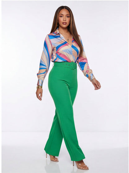 VelouraAvenue Buckle Belt Flare Pants - Kelly green - Image 2