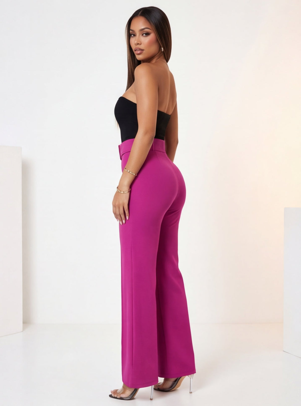 VelouraAvenue Buckle Belt Flare Pants - Magenta - Image 3