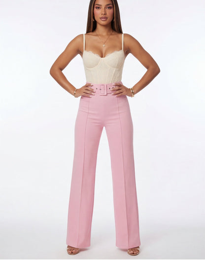VelouraAvenue Buckle Belt Flare Pants - Pastel pink - Image 5