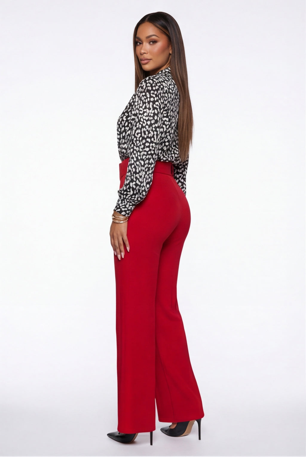 VelouraAvenue Buckle Belt Flare Pants - Red - Image 3