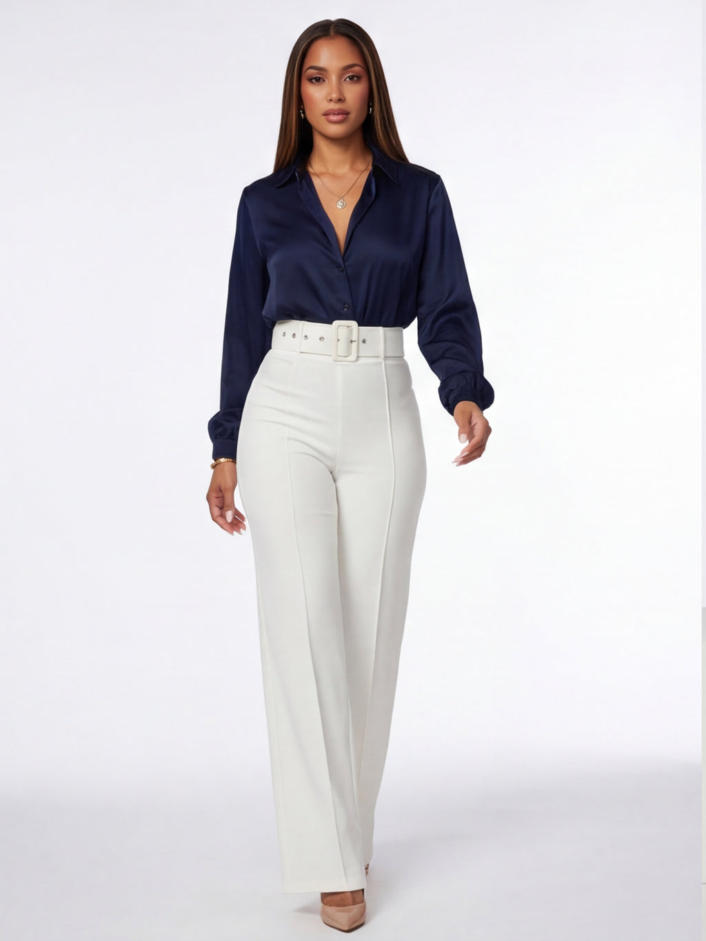 VelouraAvenue Buckle Belt Flare Pants - White - Image 3