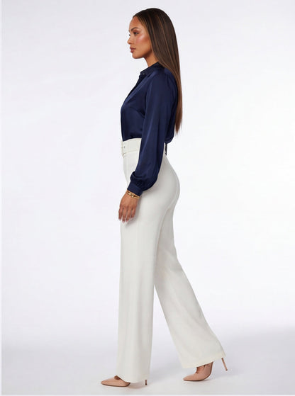 VelouraAvenue Buckle Belt Flare Pants - White - Image 5