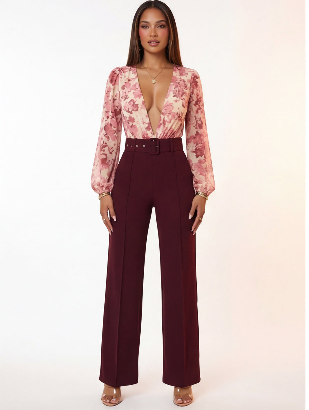 VelouraAvenue Buckle Belt Flare Pants - Wine - Image 1