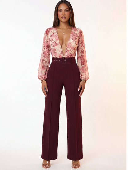 VelouraAvenue Buckle Belt Flare Pants - Wine - Image 1