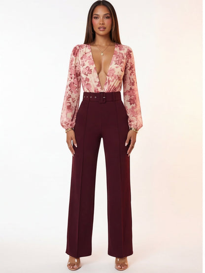 VelouraAvenue Buckle Belt Flare Pants - Wine - Image 3