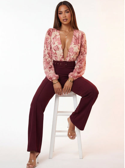 VelouraAvenue Buckle Belt Flare Pants - Wine - Image 7