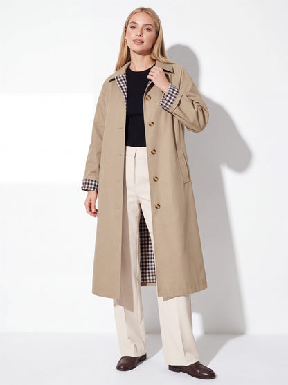VelouraAvenue Check-Lined Longline Trench Coat - Khaki - Front