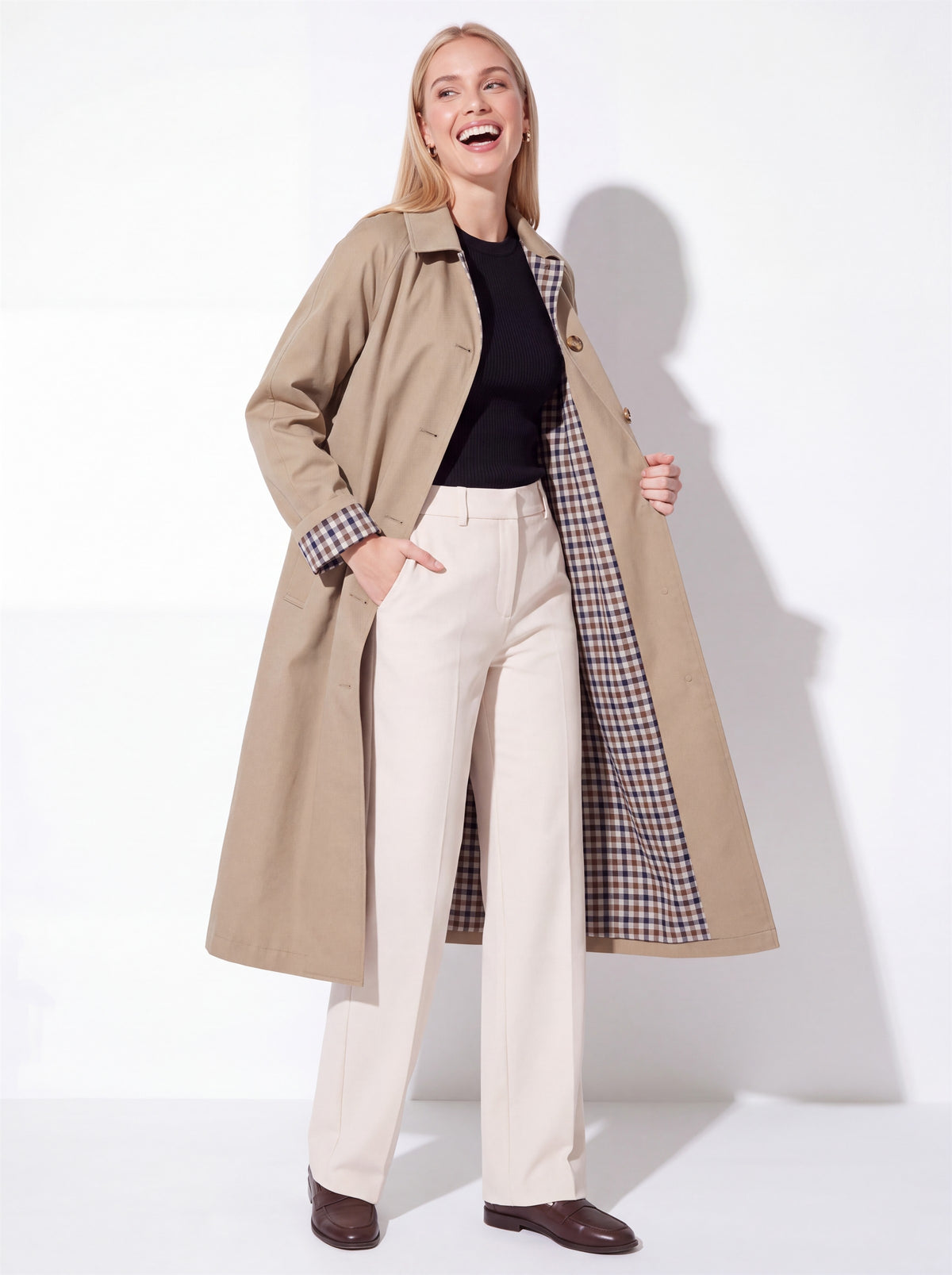 VelouraAvenue Check-Lined Longline Trench Coat - Khaki - Three Quarter