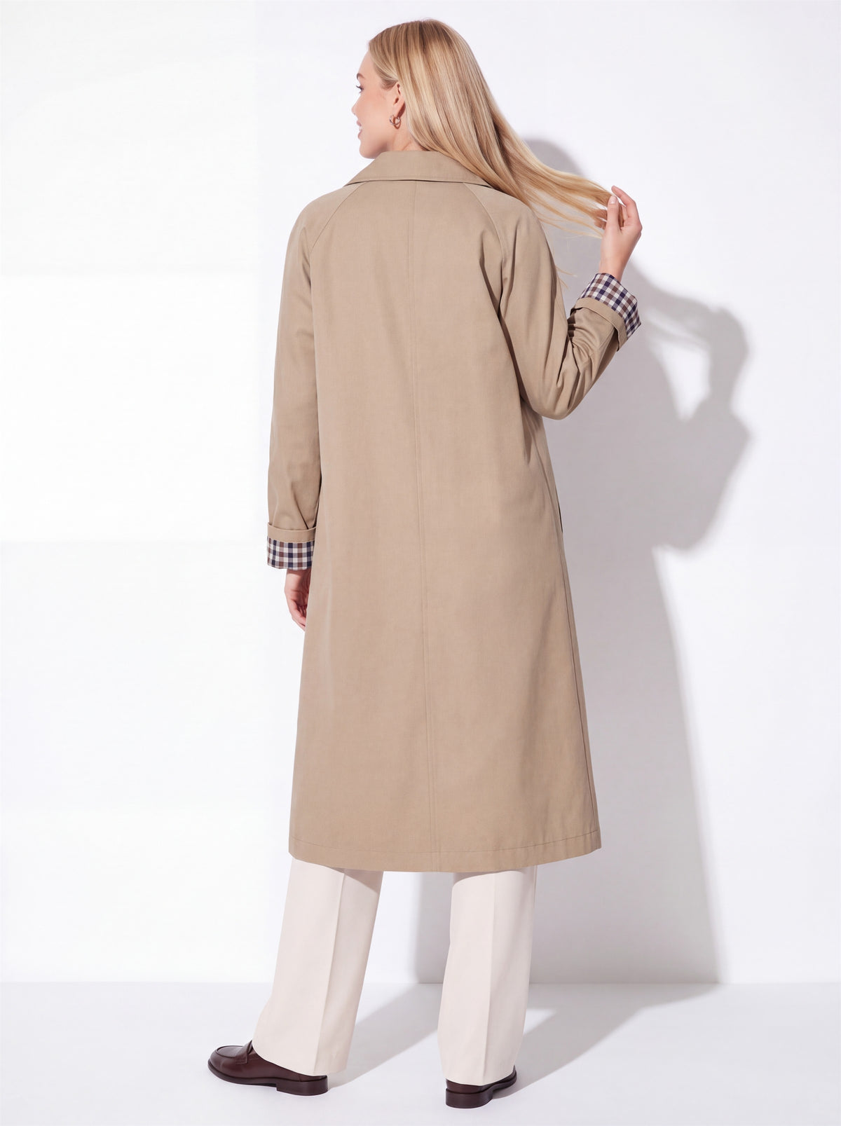 VelouraAvenue Check-Lined Longline Trench Coat - Khaki - Back