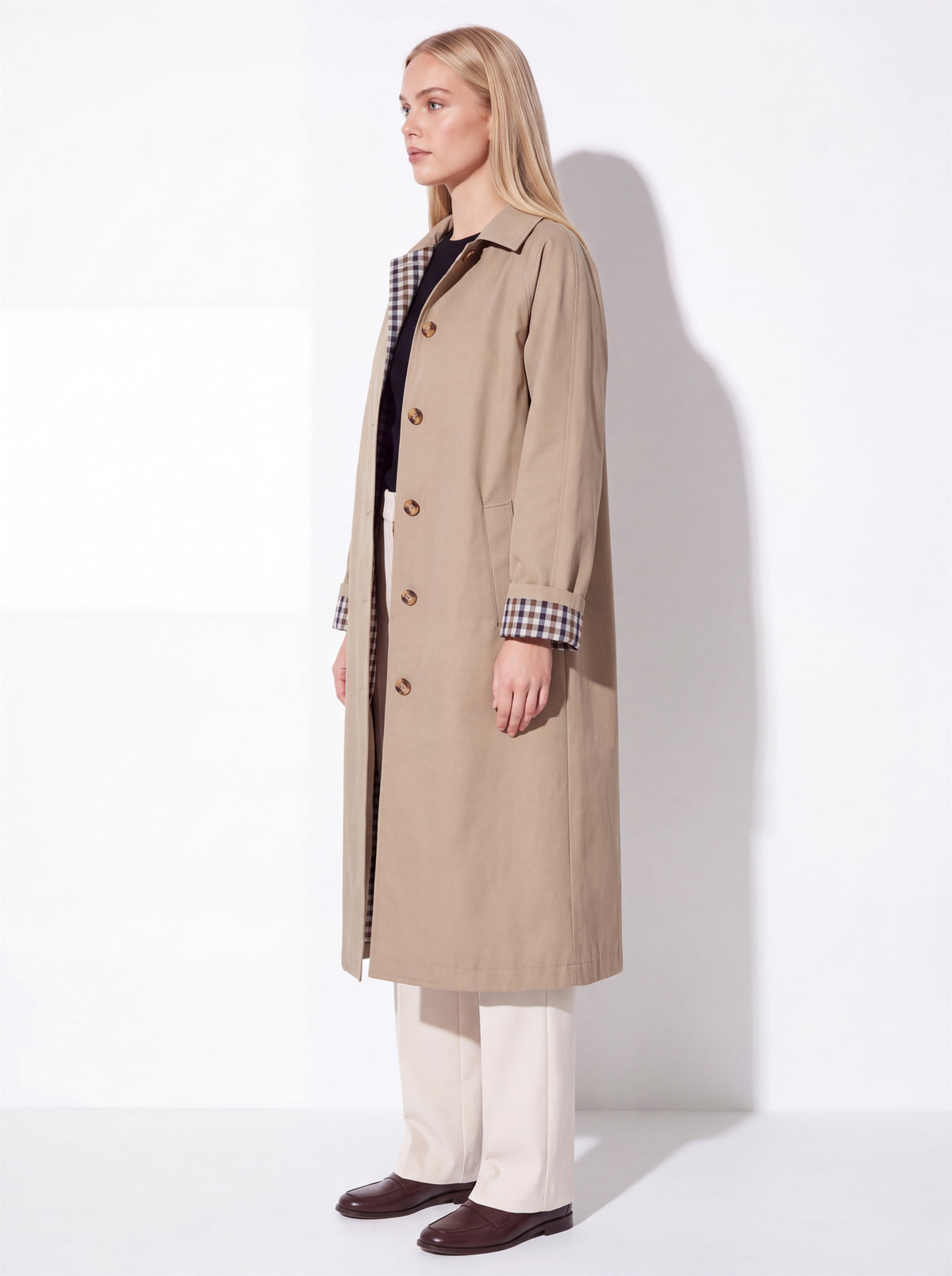 VelouraAvenue Check-Lined Longline Trench Coat - Khaki - Side