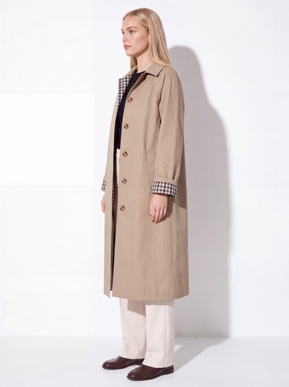 VelouraAvenue Check-Lined Longline Trench Coat - Khaki - Side