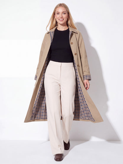 VelouraAvenue Check-Lined Longline Trench Coat - Khaki - Walking