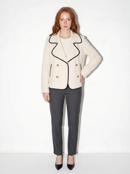VelouraAvenue Contrast Trim Double-Breasted Jacket - Cream - Front
