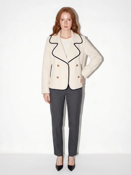 VelouraAvenue Contrast Trim Double-Breasted Jacket - Cream - Front