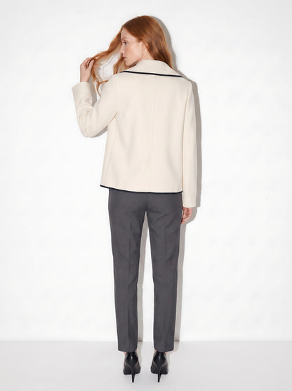 VelouraAvenue Contrast Trim Double-Breasted Jacket - Cream - Back