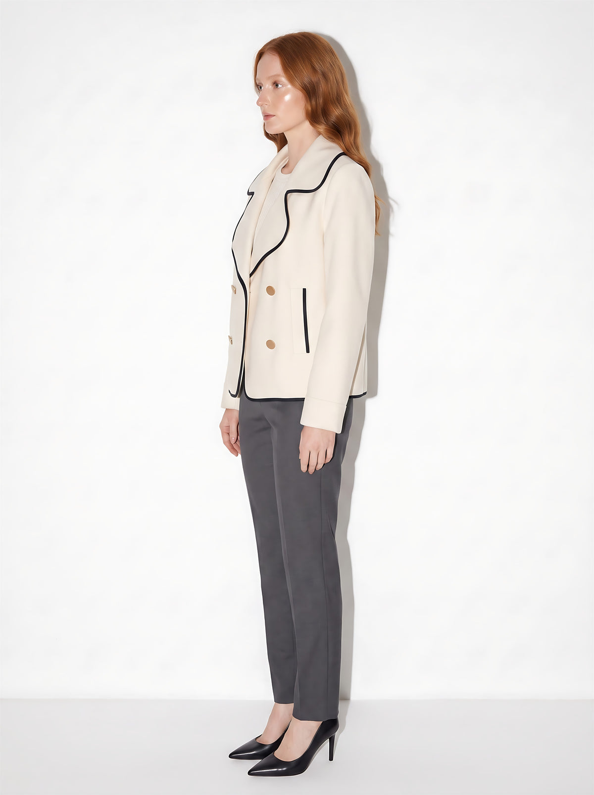 VelouraAvenue Contrast Trim Double-Breasted Jacket - Cream - Side