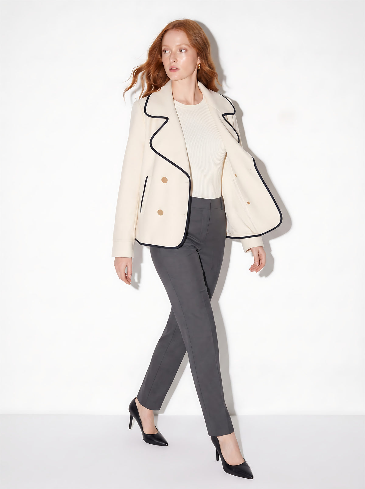 VelouraAvenue Contrast Trim Double-Breasted Jacket - Cream - Worn Open