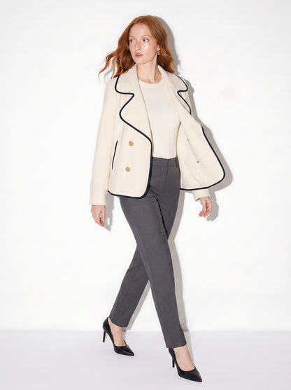 VelouraAvenue Contrast Trim Double-Breasted Jacket - Cream - Worn Open